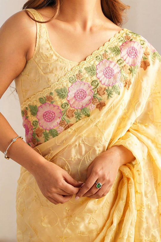 Tania Yellow Georgette Embellished Ready to Wear One Minute Saree