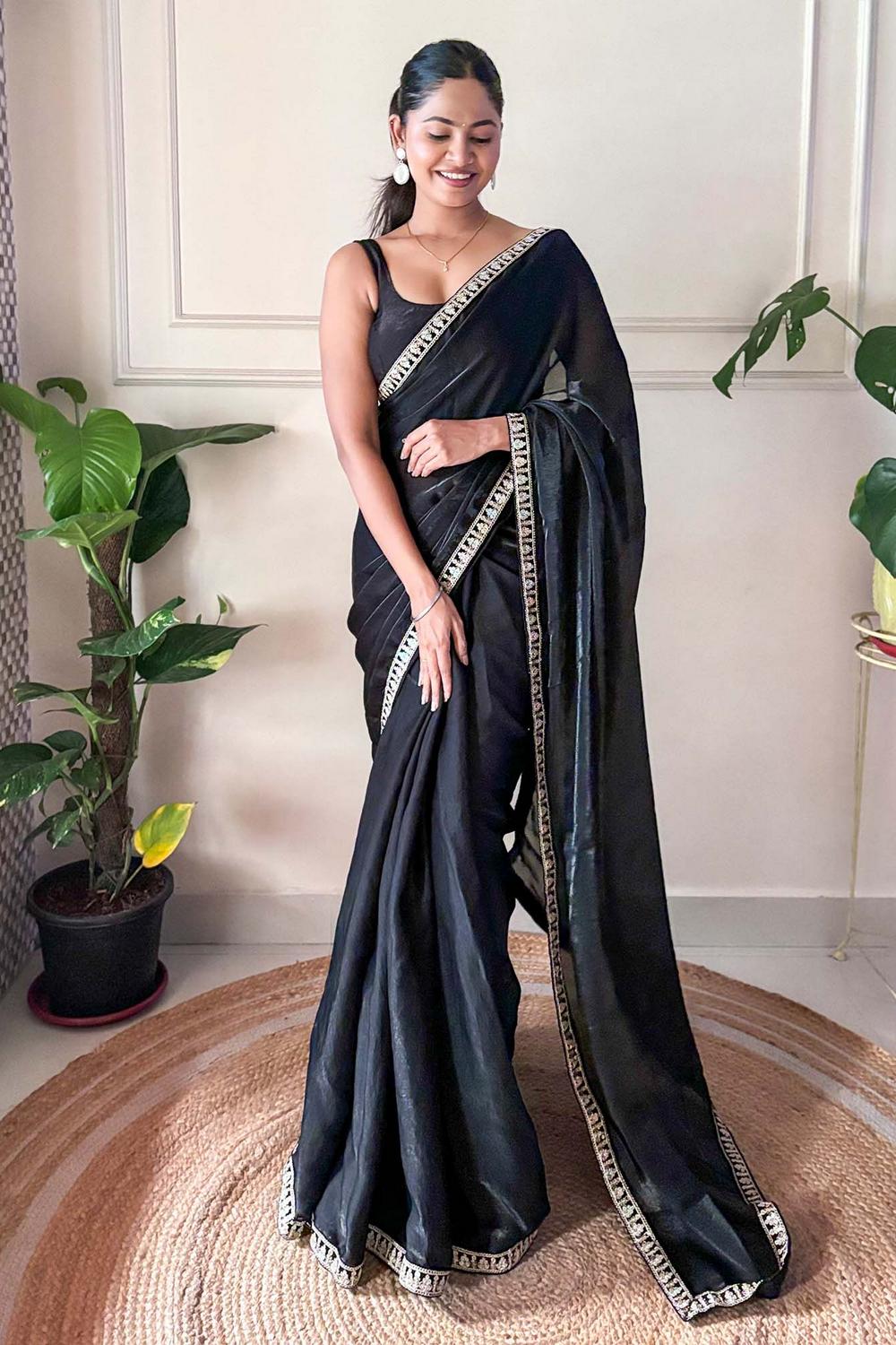 Buy Kesari Black Satin Silk Embellished Ready to Wear One Minute Saree