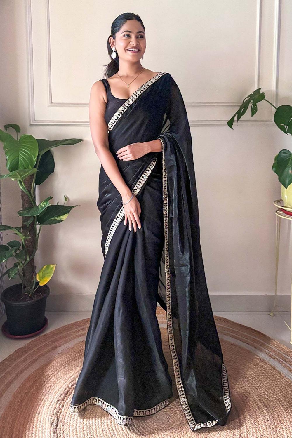 Anika Black Satin Silk Embellished Ready to Wear One Minute Saree