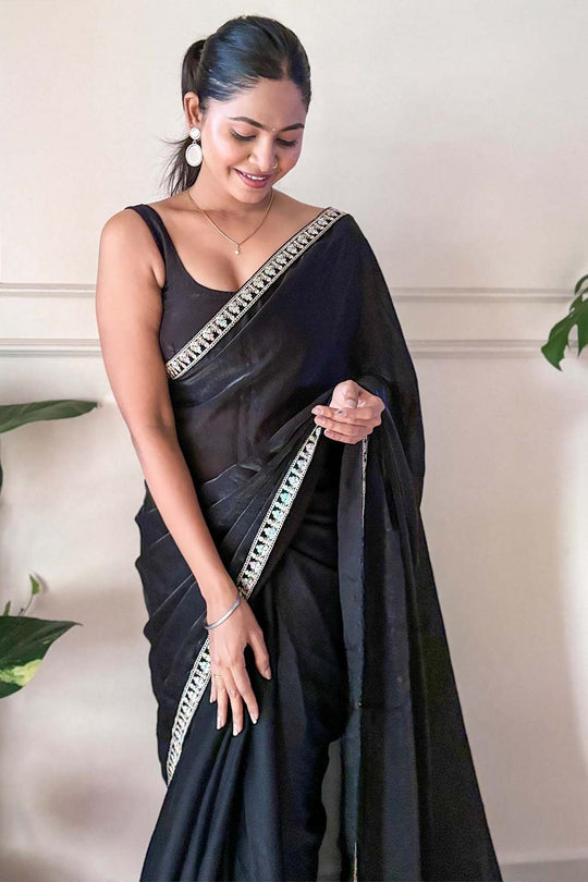 Anika Black Satin Silk Embellished Ready to Wear One Minute Saree