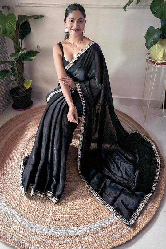 Anika Black Satin Silk Embellished Ready to Wear One Minute Saree