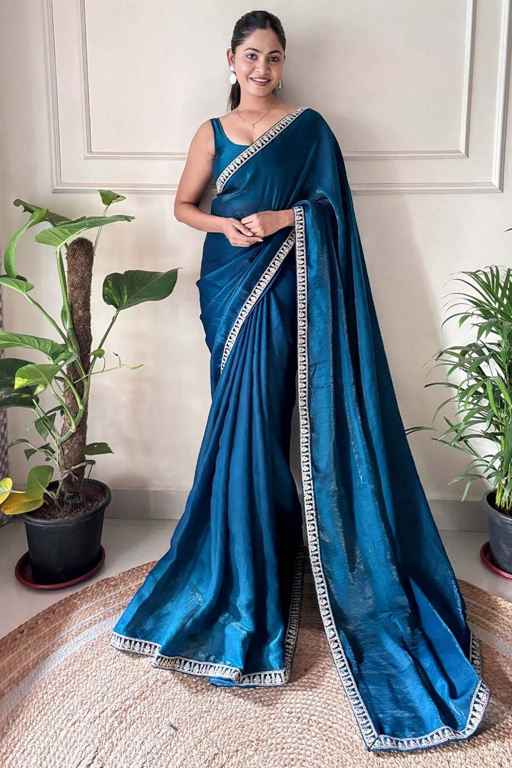 Buy Kesari Blue Satin Silk Embellished Ready to Wear One Minute Saree