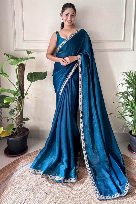 Buy Kesari Blue Satin Silk Embellished Ready to Wear One Minute Saree