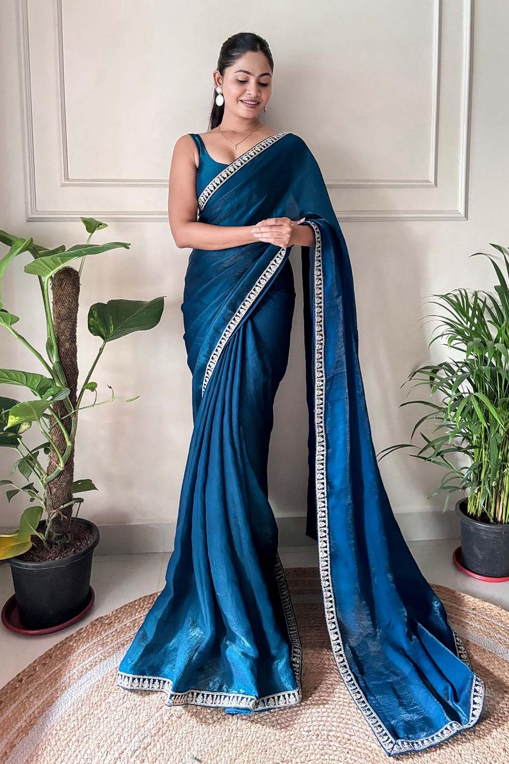 Anika Blue Satin Silk Embellished Ready to Wear One Minute Saree