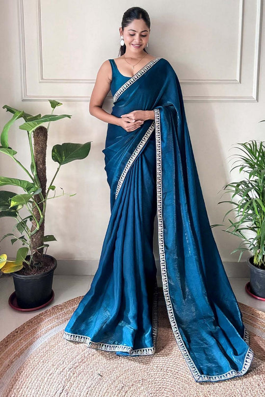 Anika Blue Satin Silk Embellished Ready to Wear One Minute Saree