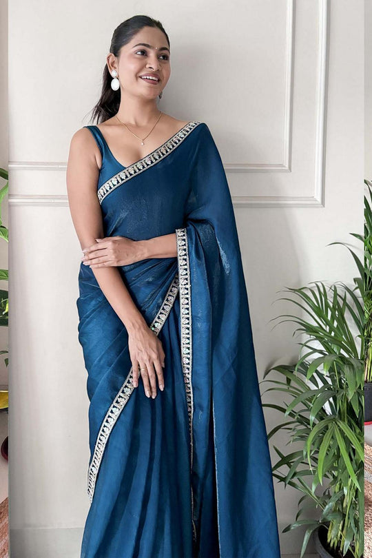 Anika Blue Satin Silk Embellished Ready to Wear One Minute Saree