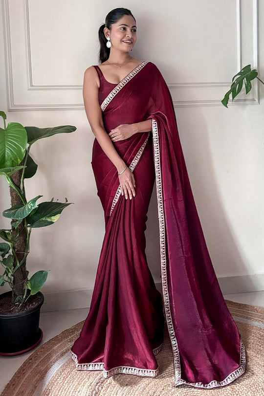 Buy Kesari Magenta Satin Silk Embellished Ready to Wear One Minute Saree