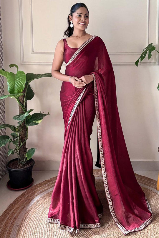 Anika Magenta Satin Silk Embellished Ready to Wear One Minute Saree