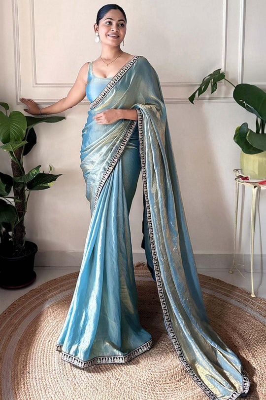 Buy Kesari Teal blue Satin Silk Embellished Ready to Wear One Minute Saree