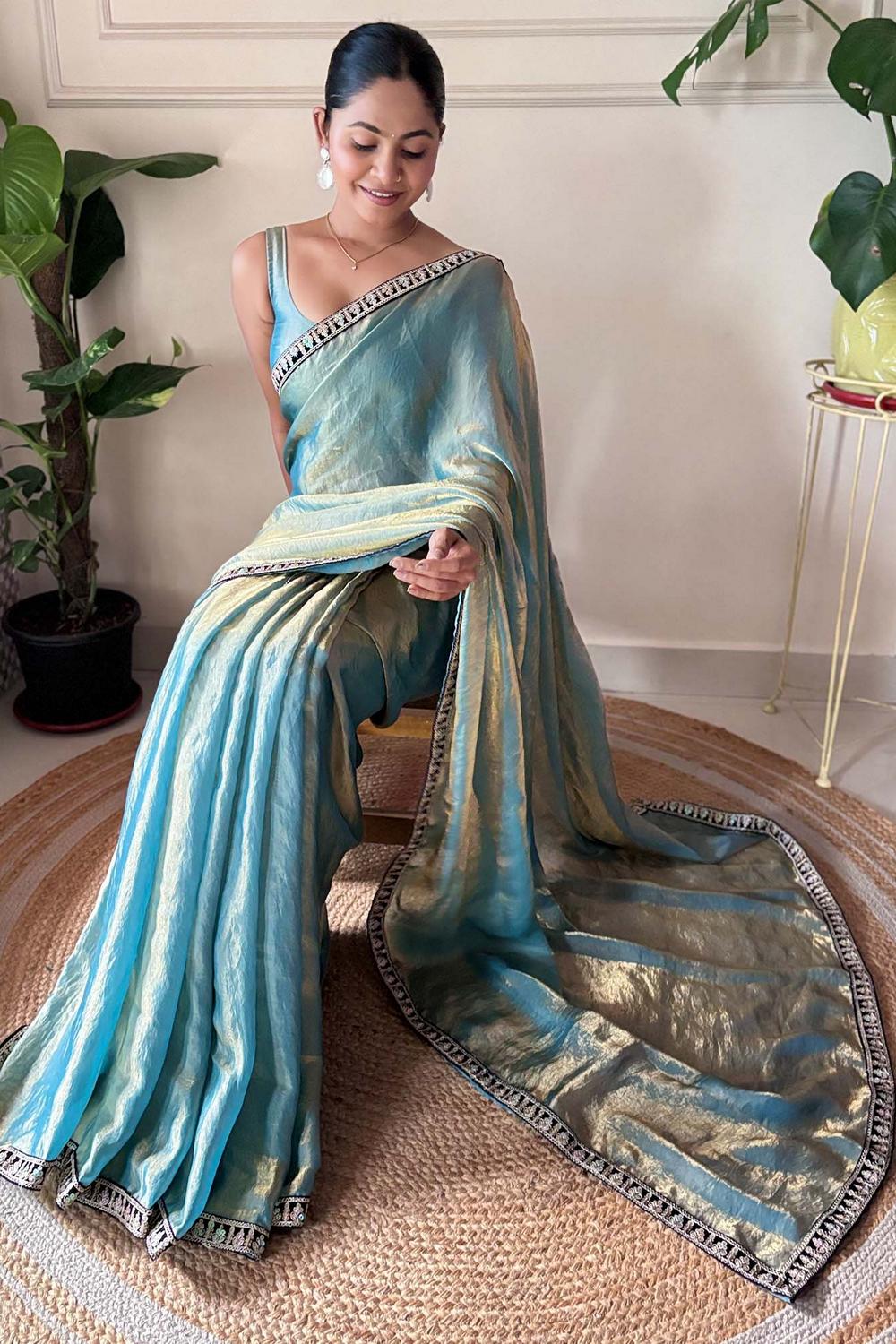 Anika Teal Blue Satin Silk Embellished Ready to Wear One Minute Saree