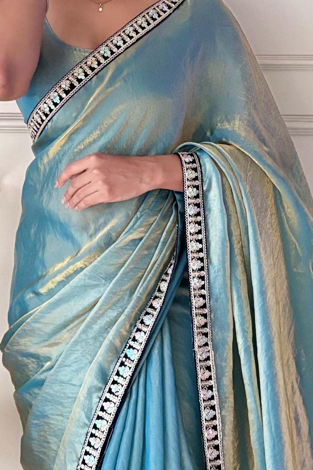 Anika Teal Blue Satin Silk Embellished Ready to Wear One Minute Saree