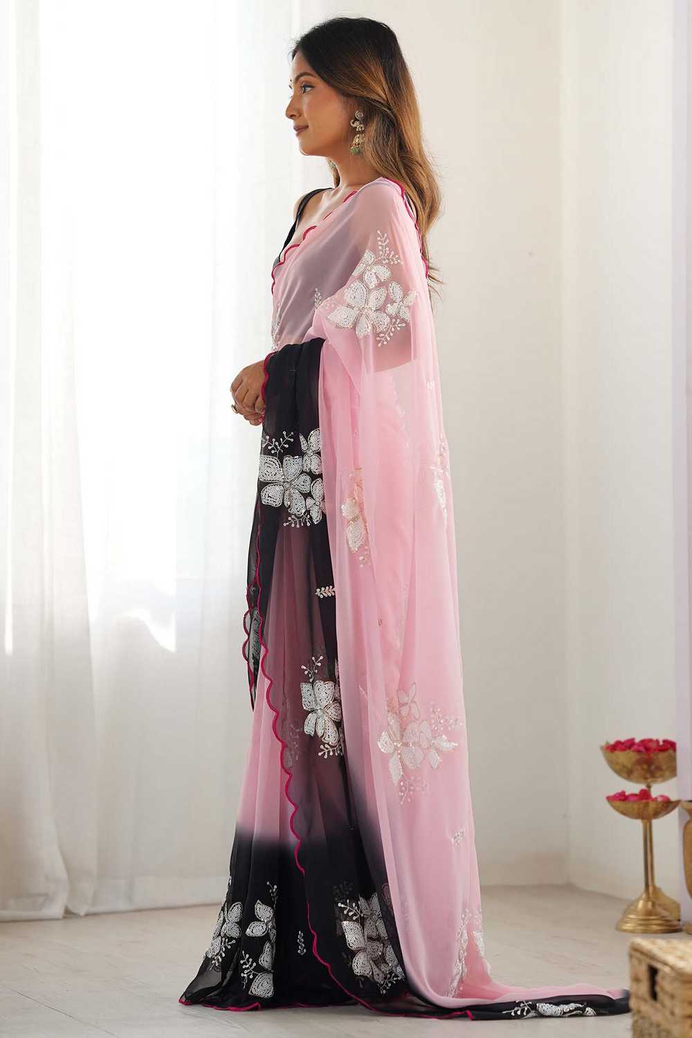Black & Pink Georgette Embellished Ombre One Minute Saree - Ready to Wear