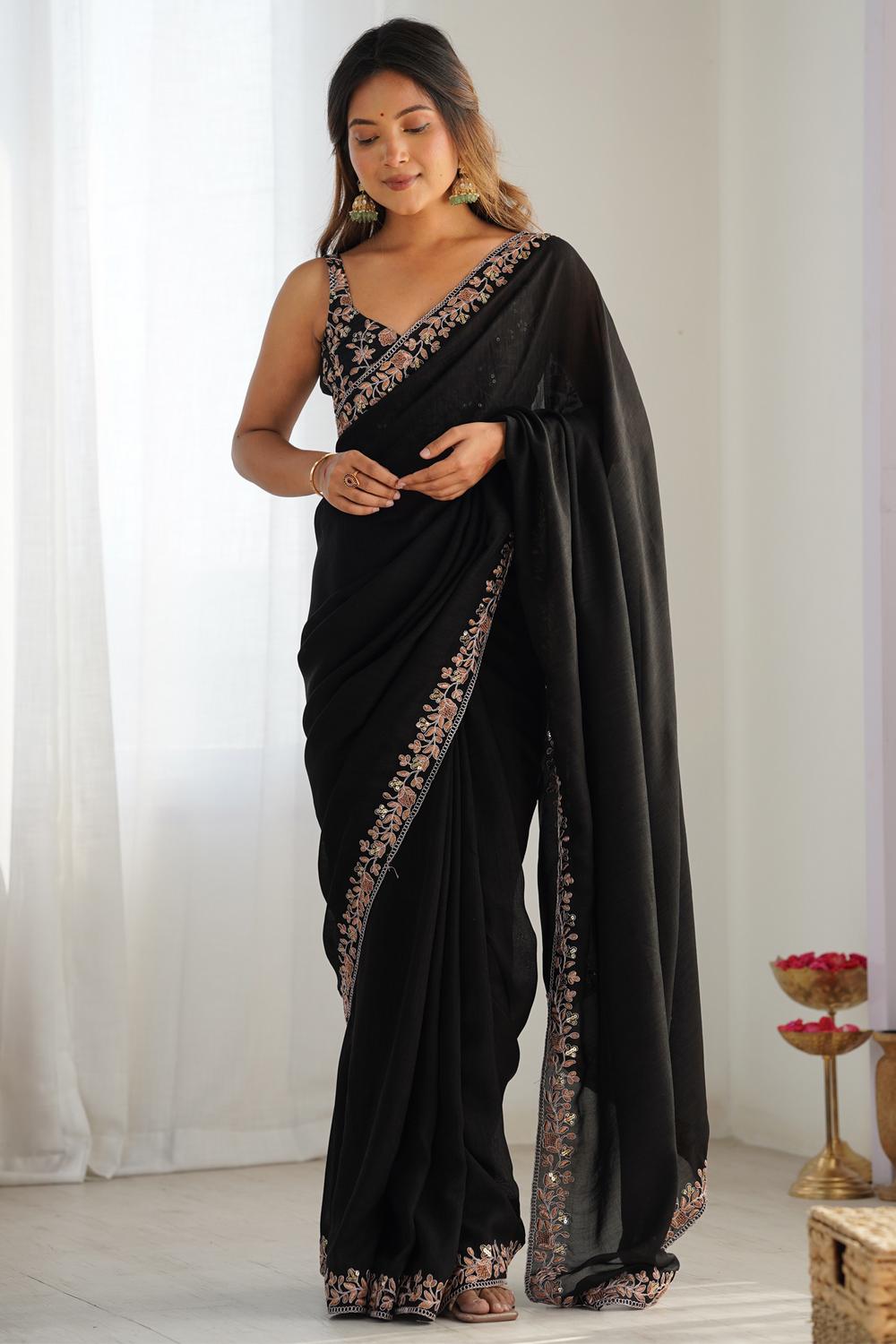 Aarya Kesari Black Vichitra Silk Embellished One Minute Saree