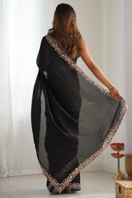 Aarya Kesari Black Vichitra Silk Embellished One Minute Saree