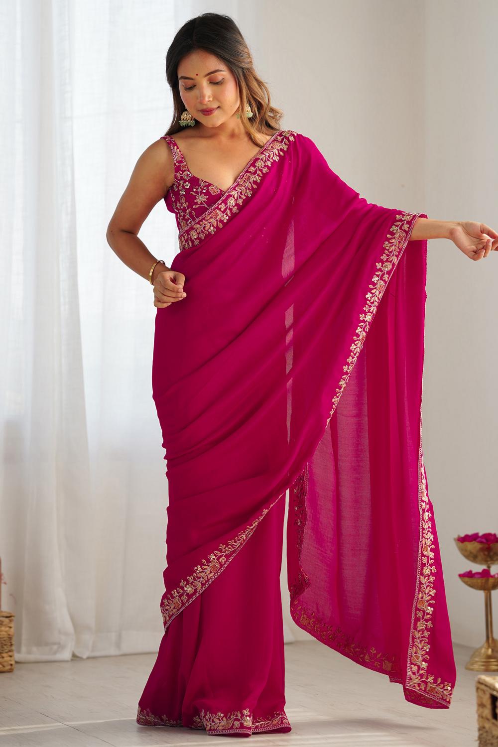 Aarya Pink Vichitra Silk Embellished One Minute Saree