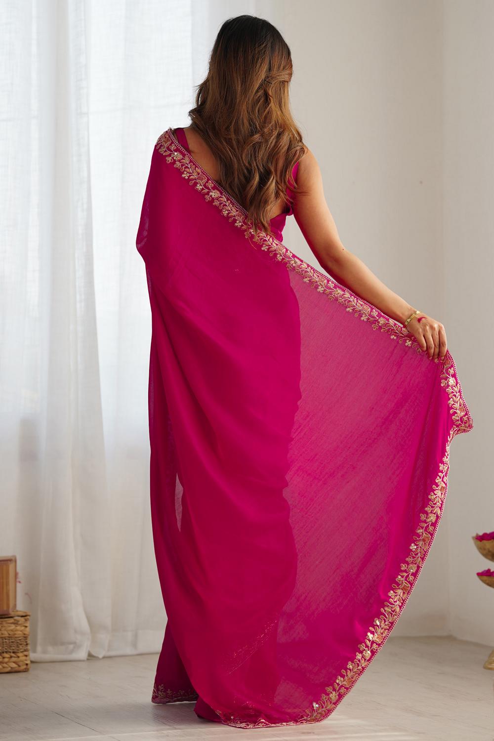 Aarya Pink Vichitra Silk Embellished One Minute Saree