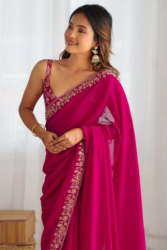 Aarya Pink Vichitra Silk Embellished One Minute Saree