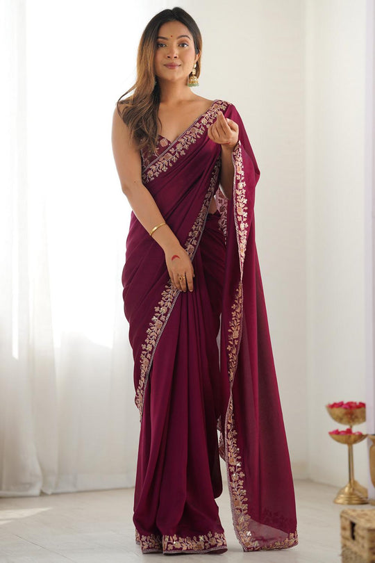 Buy Kesari Magenta Vichitra Silk Embellished Ready to Wear One Minute Saree
