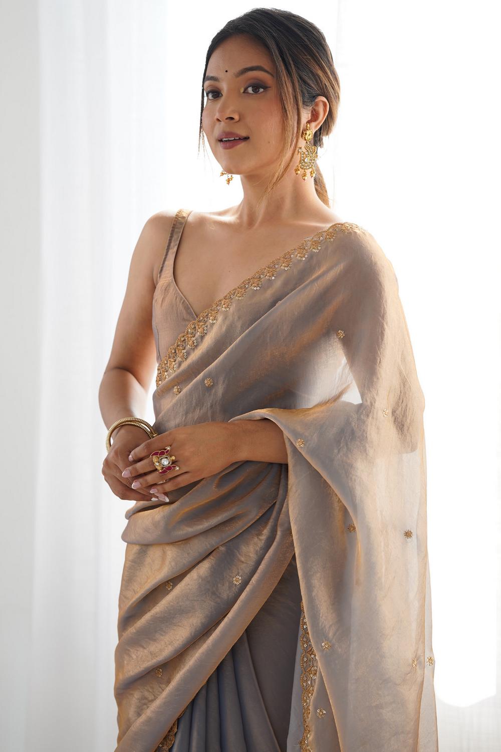 Mira Silver Paper Silk Embroidered Ready to Wear One Minute Saree