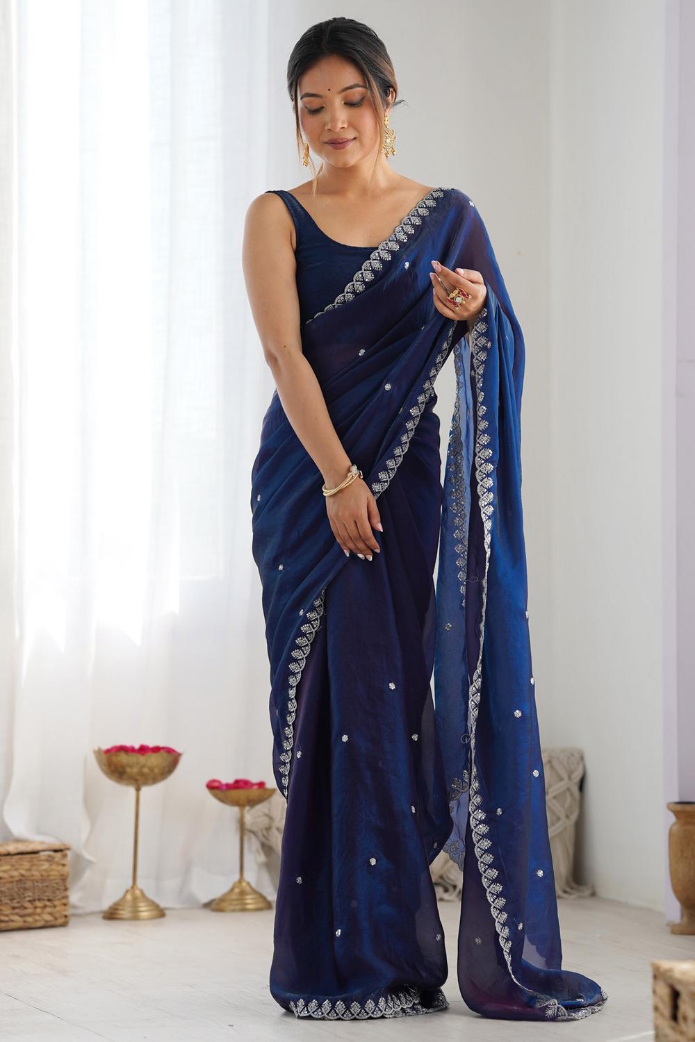Buy Kesari Navy Blue Paper Silk Embroidered Ready to Wear One Minute Saree
