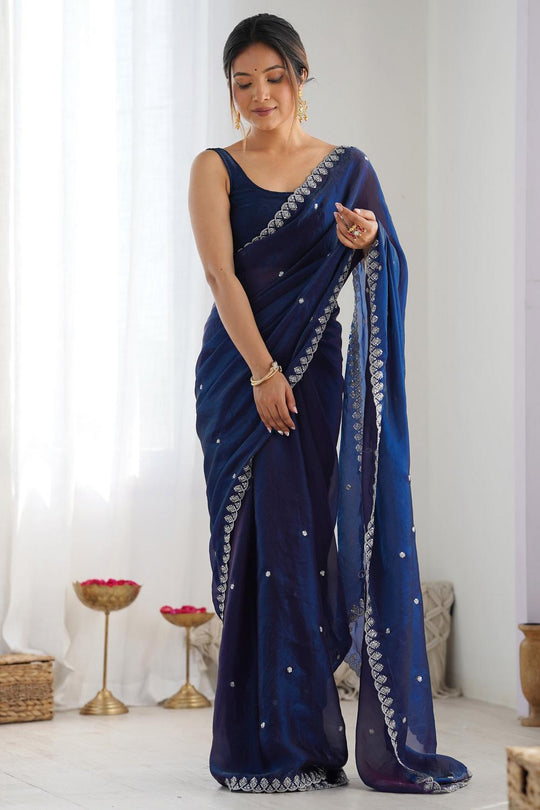Buy Kesari Navy Blue Paper Silk Embroidered Ready to Wear One Minute Saree