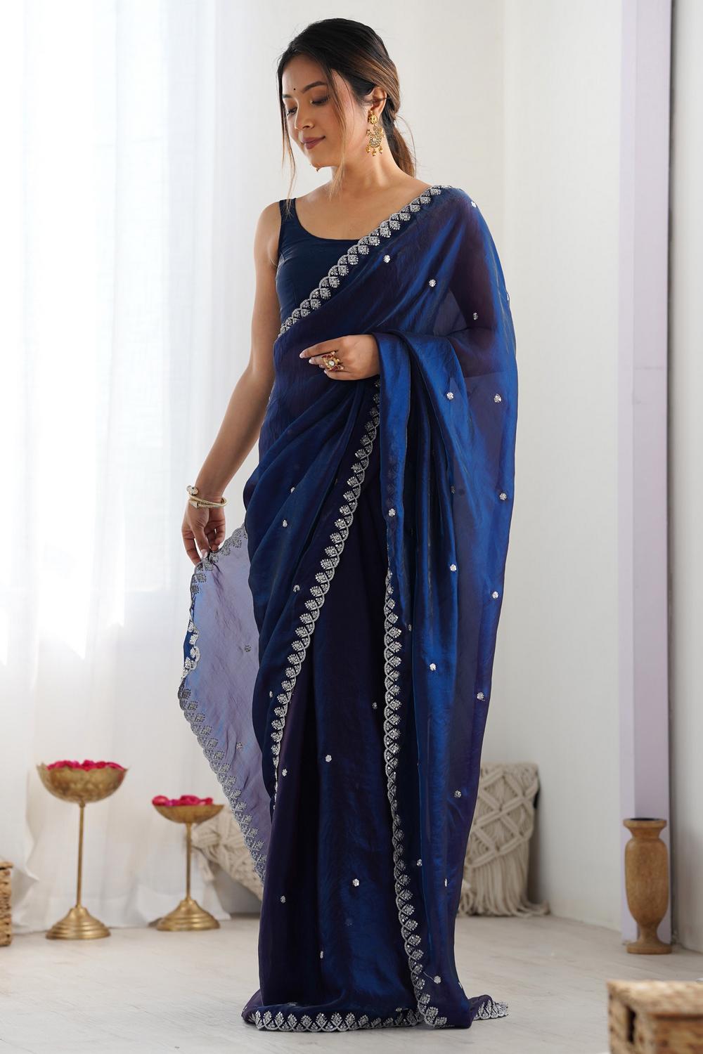 Mira Navy Blue Paper Silk Embroidered Ready to Wear One Minute Saree