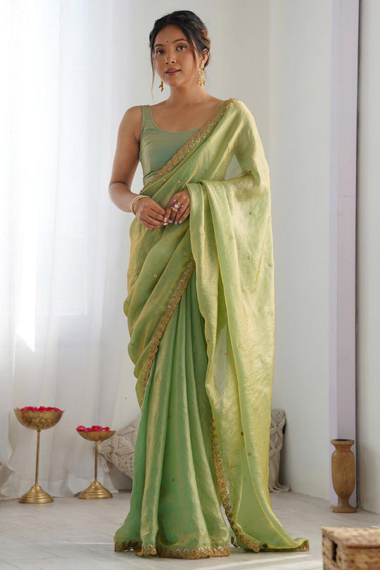 Buy Kesari Light Green Paper Silk Embroidered Ready to Wear One Minute Saree