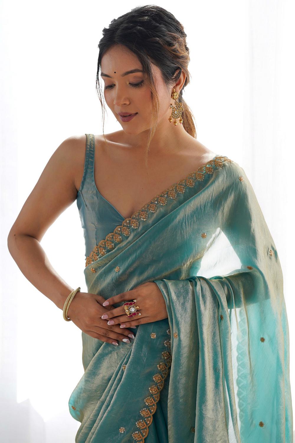 Mira Light Blue Paper Silk Embroidered Ready to Wear One Minute Saree