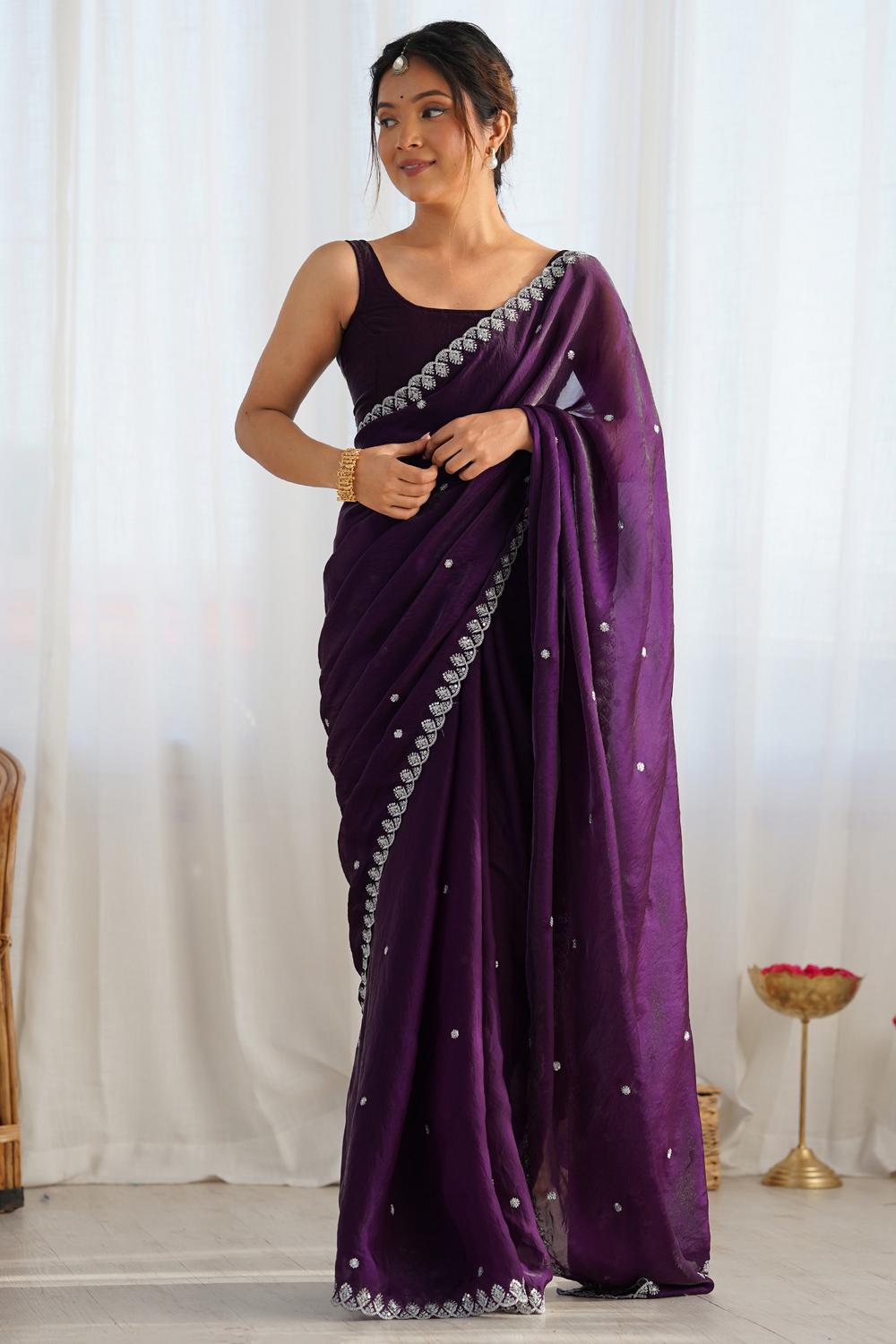 Mira Purple Paper Silk Embroidered Ready to Wear One Minute Saree
