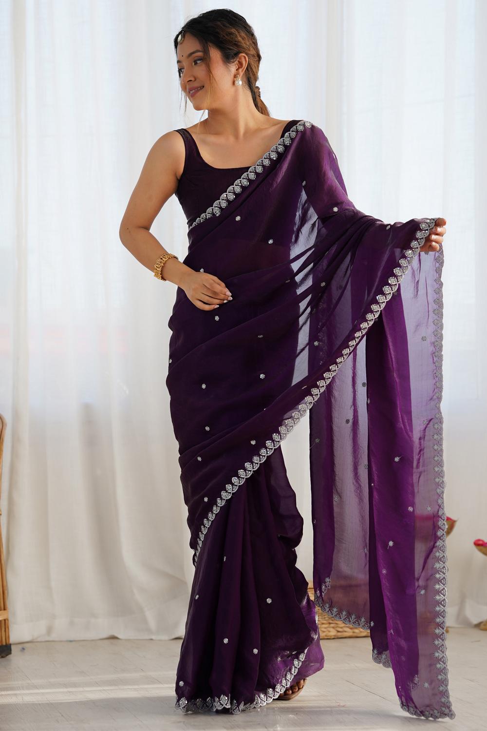 Mira Purple Paper Silk Embroidered Ready to Wear One Minute Saree