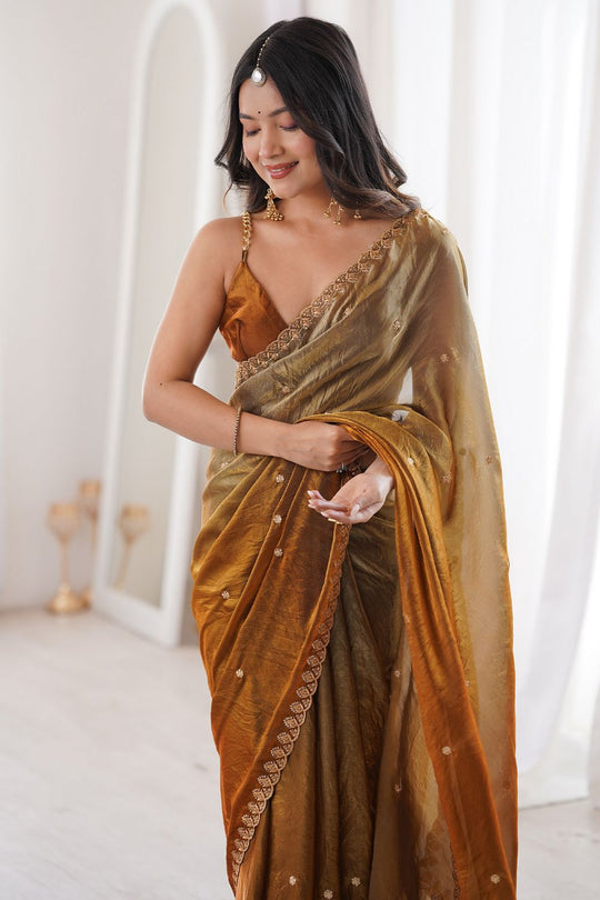 Jaslyn Mustard Ombre Satin Sequins Embellished Ready to Wear Saree