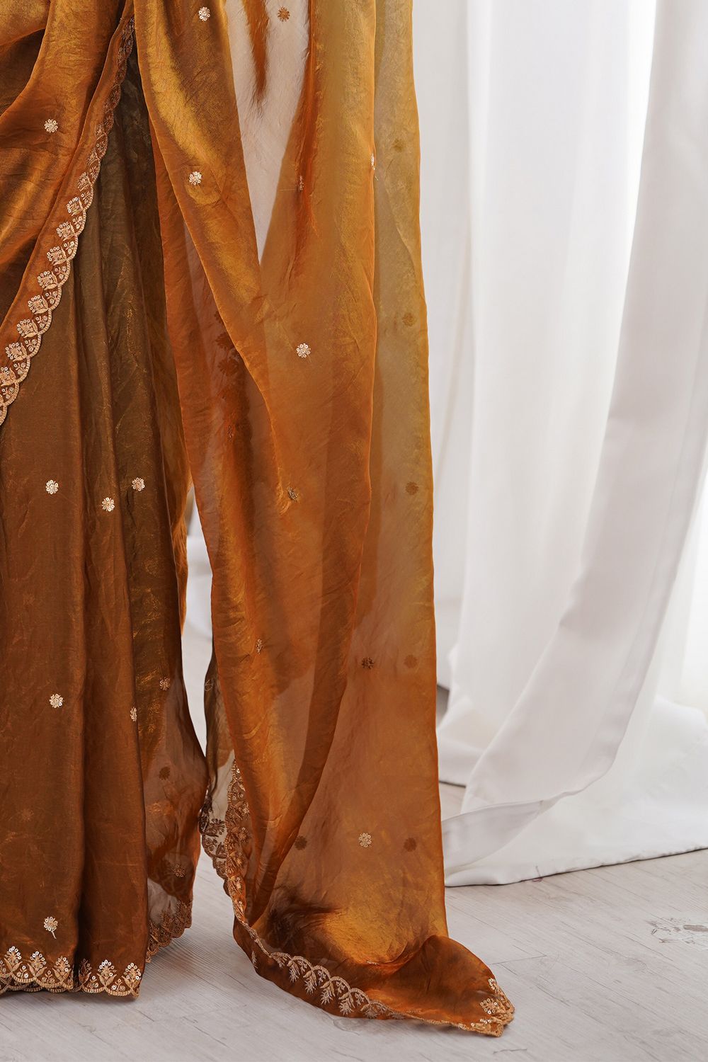 Jaslyn Mustard Ombre Satin Sequins Embellished Ready to Wear Saree