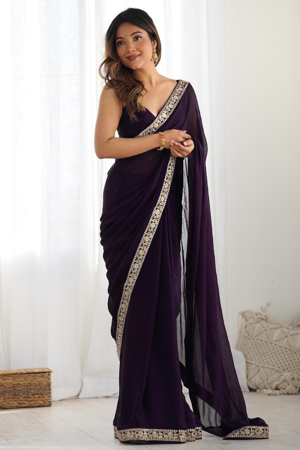 Gaia Purple Satin Silk Embellished Designer Border Ready to Wear Saree