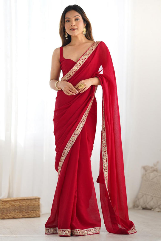 Gaia Red Satin Silk Embellished Designer Border Ready to Wear Saree