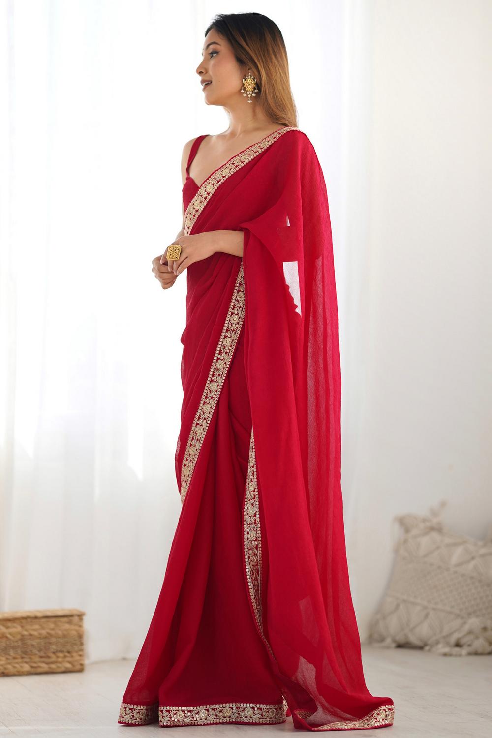 Gaia Red Satin Silk Embellished Designer Border Ready to Wear Saree