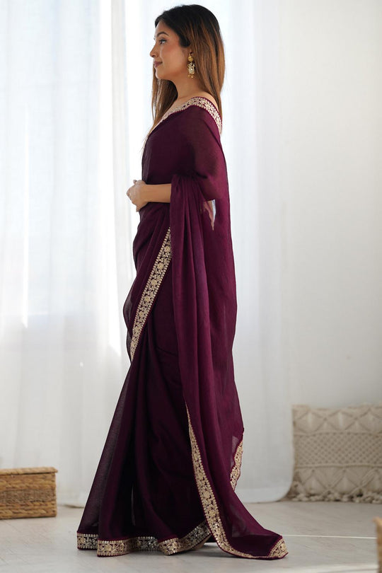 Gaia Deep Wine Satin Silk Embellished Designer Border Ready to Wear Saree