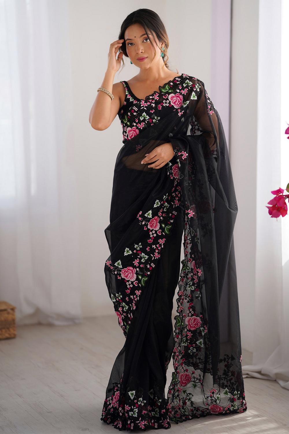 Avivah Black Net Floral Embroidered Ready to Wear Saree