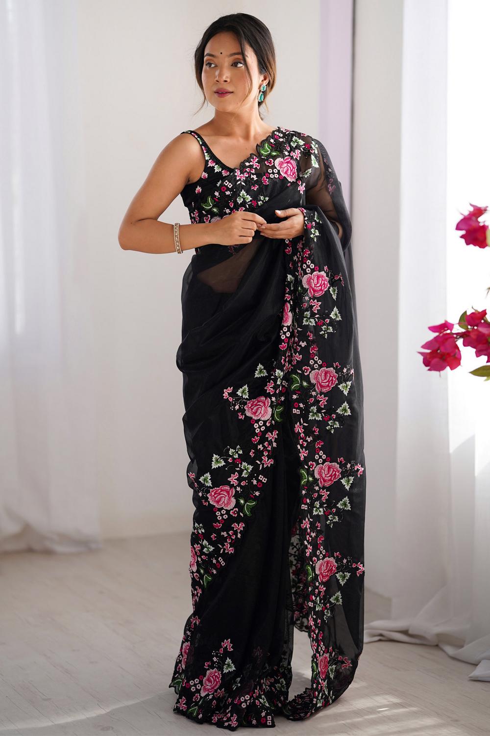 Avivah Black Net Floral Embroidered Ready to Wear Saree