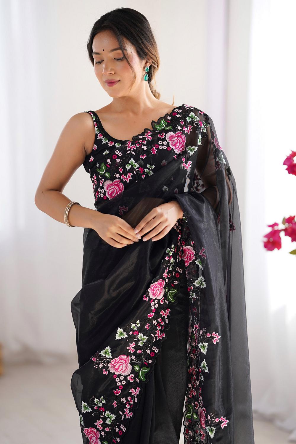 Avivah Black Net Floral Embroidered Ready to Wear Saree