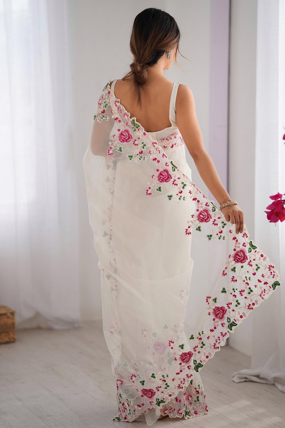 Avivah White Net Floral Embroidered Ready to Wear Saree