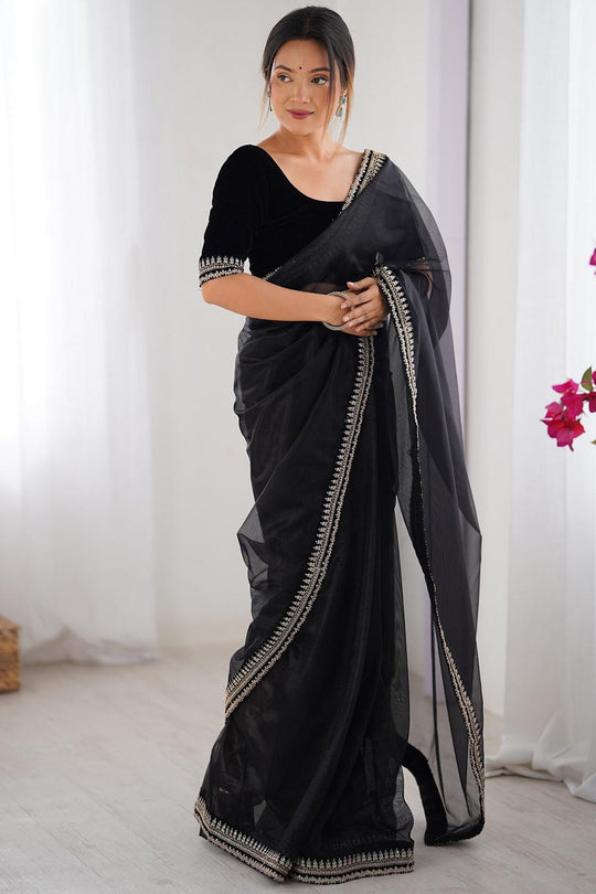 Eira Black Net Embellished Designer Border Ready to Wear Saree