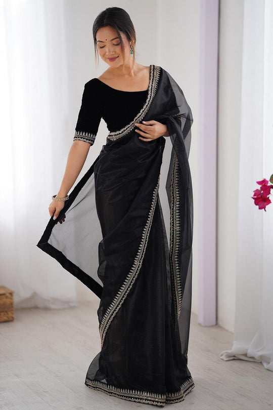 Eira Black Net Embellished Designer Border Ready to Wear Saree