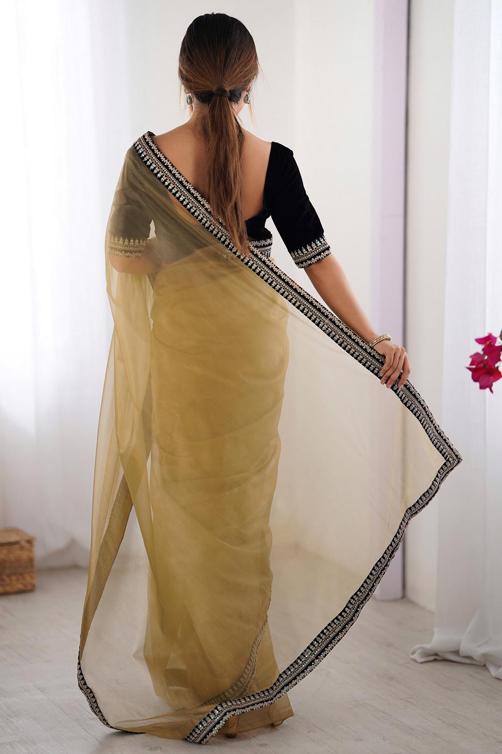 Eira Camel Brown Net Embellished Designer Border Ready to Wear Saree