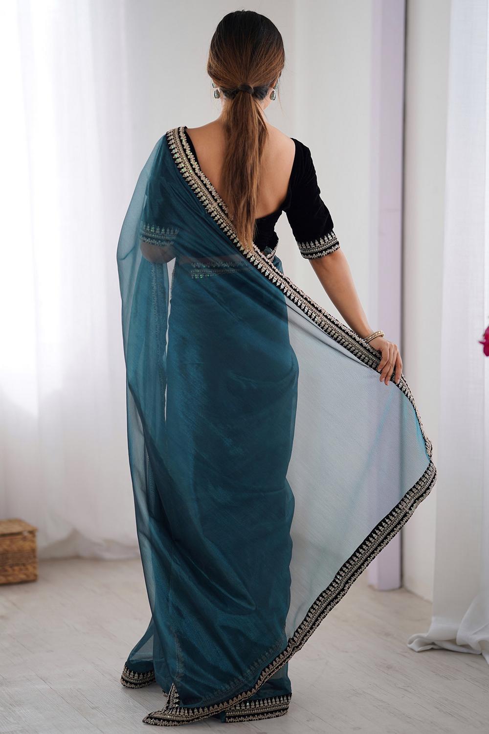 Eira Teal Blue Net Embellished Designer Border Ready to Wear Saree