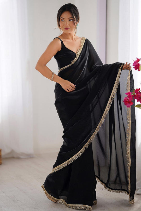 Simran Satin Black Embellished Ready to Wear Saree