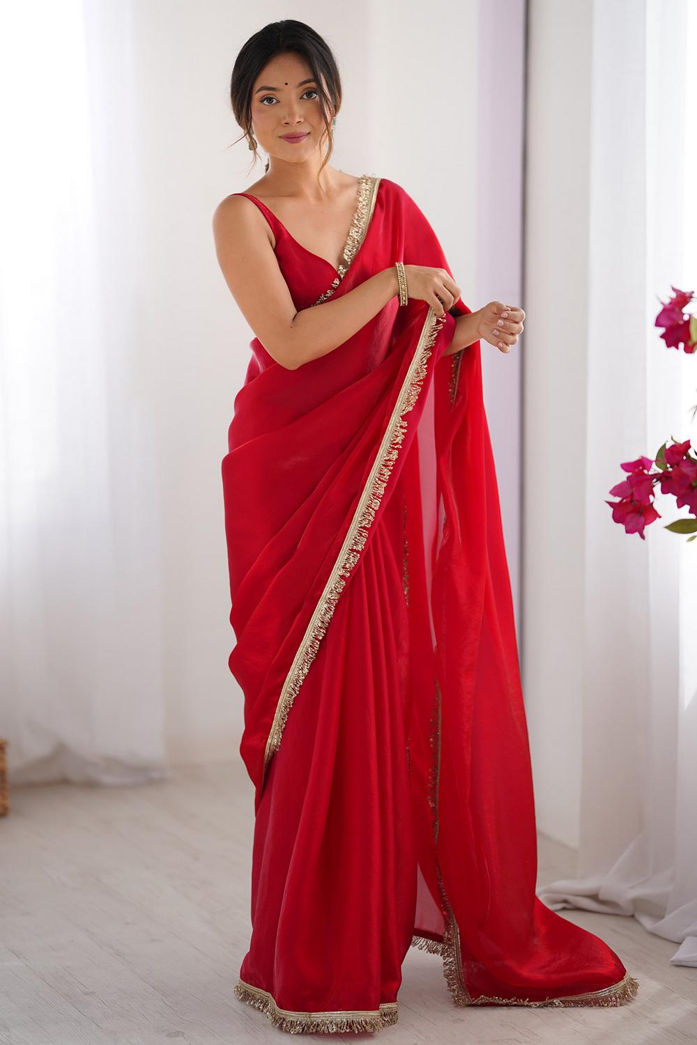 Simran Satin Red Embellished Ready to Wear Saree