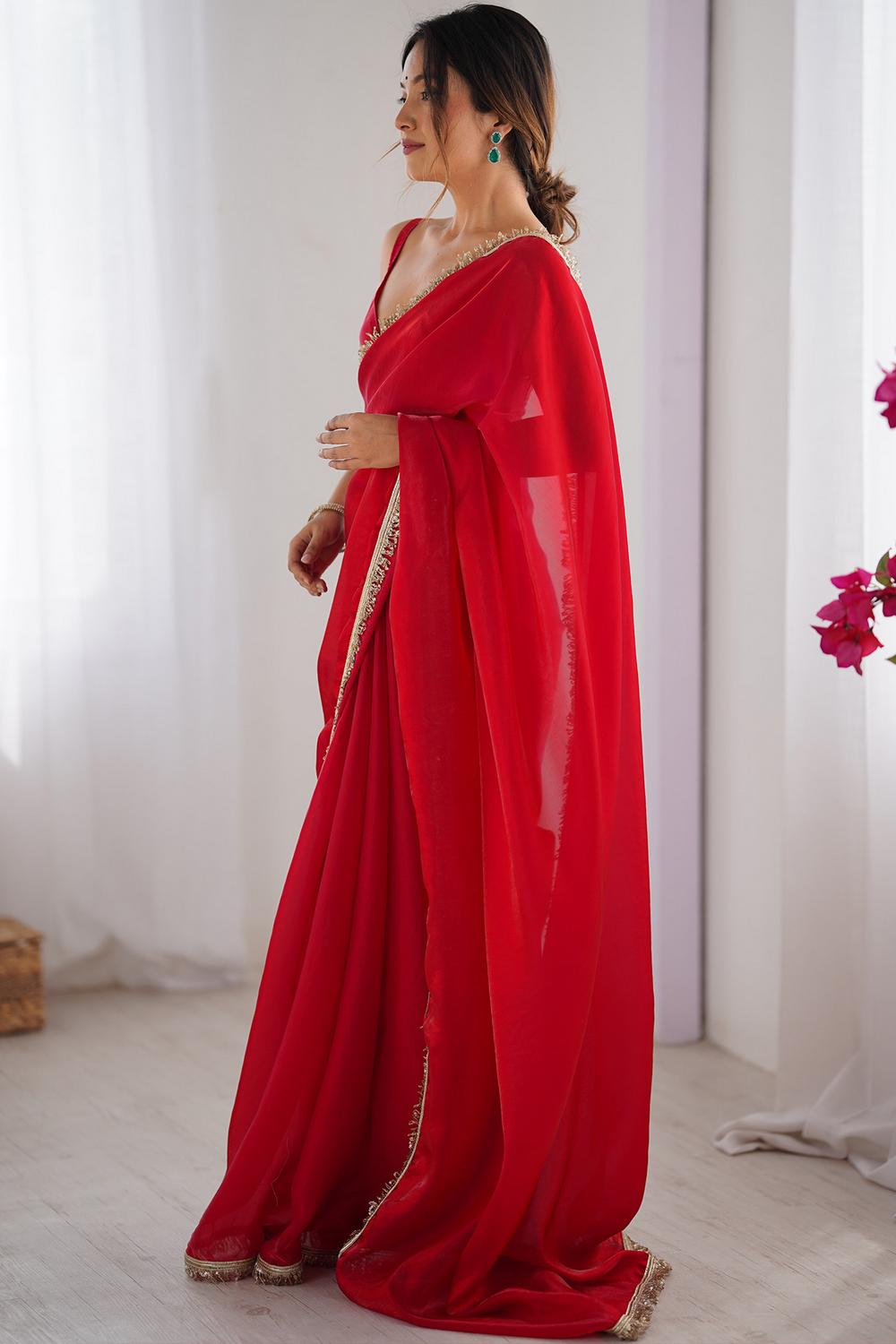 Simran Satin Red Embellished Ready to Wear Saree