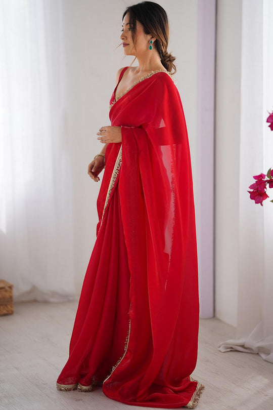 Simran Satin Red Embellished Ready to Wear Saree