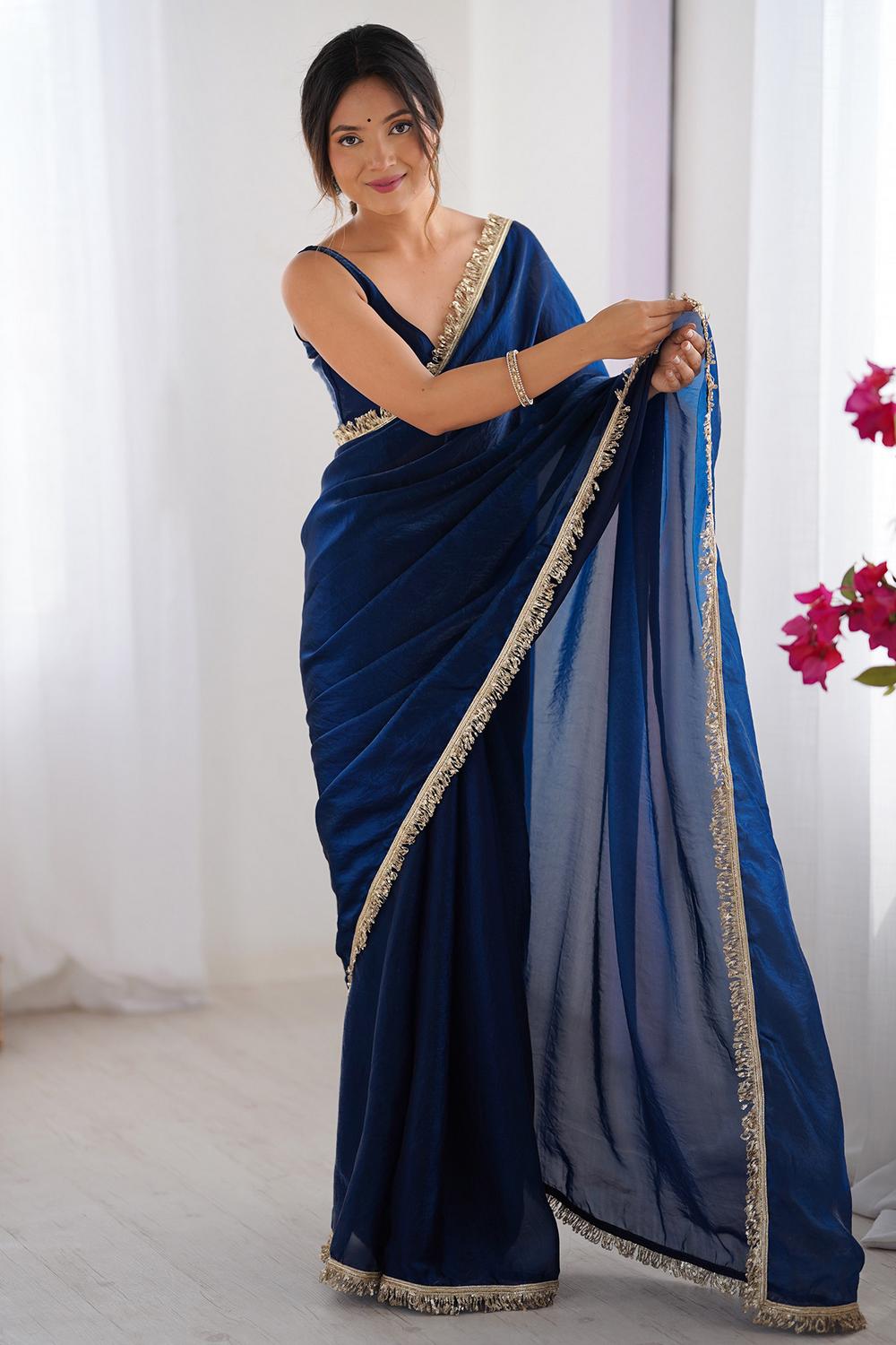 Simran Satin Teal Blue Embellished Ready to Wear Saree