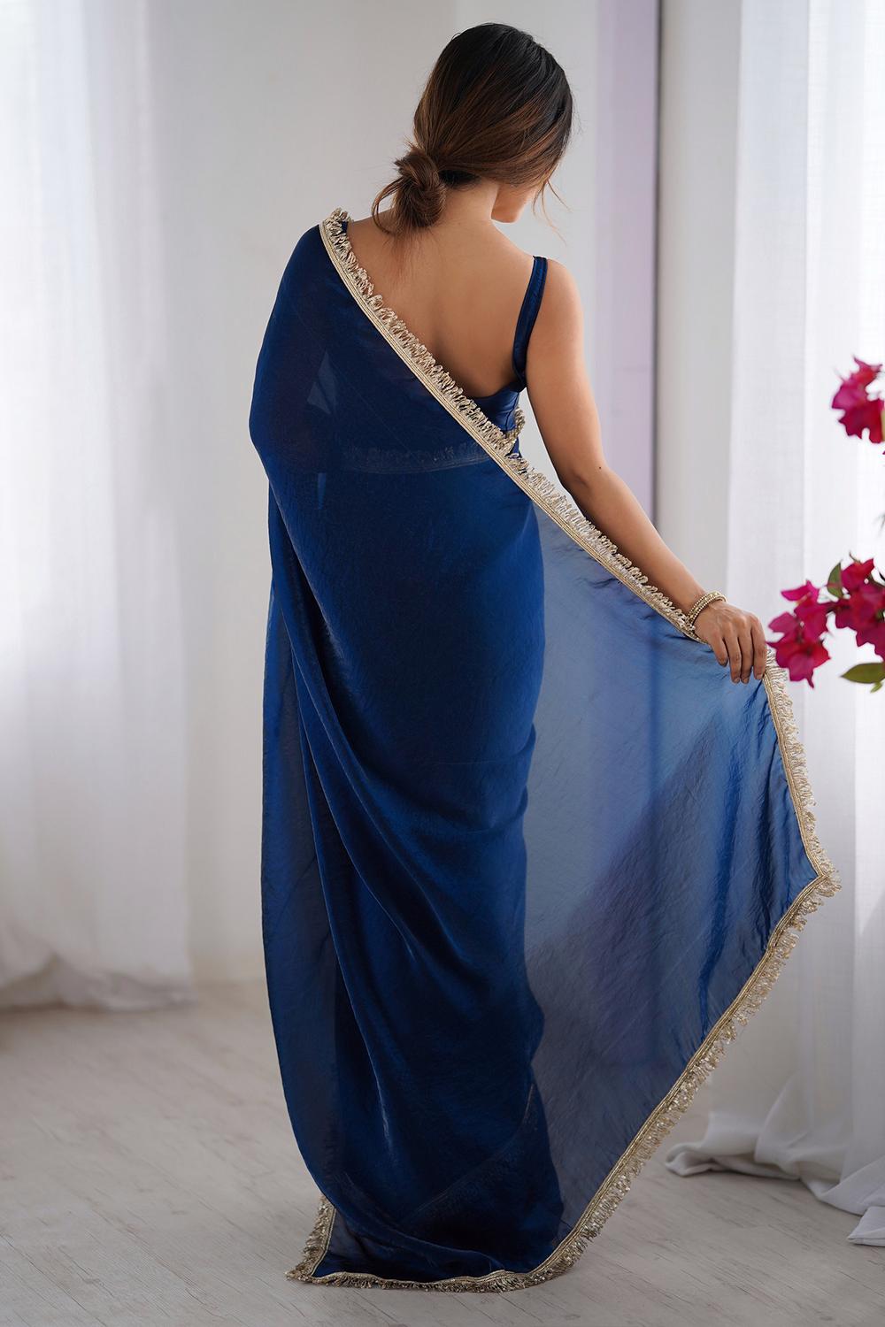 Simran Satin Teal Blue Embellished Ready to Wear Saree